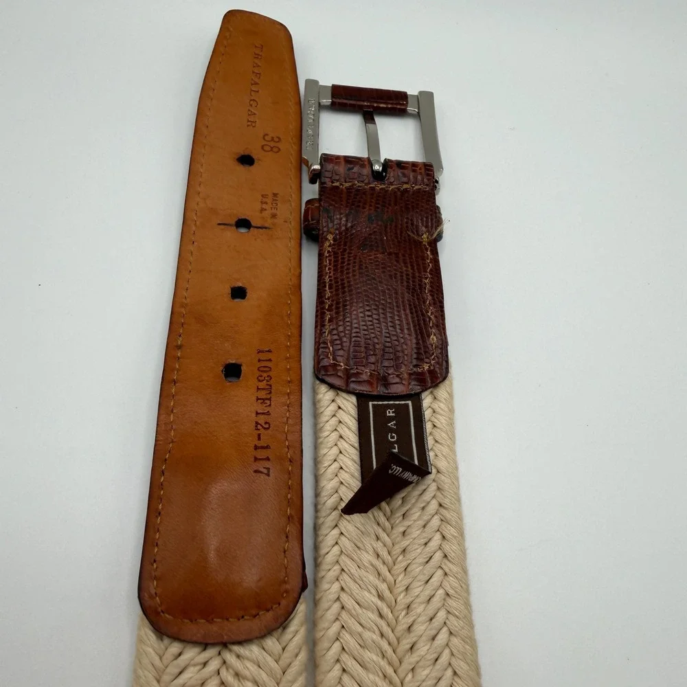 Trafalgar Mens Woven Cotton Rope Belt Lizard Embossed Leather Trim 38 Brown‎ USA